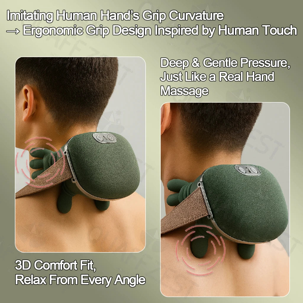 Real Touch Heat Massager, Neck Massager with Fingers, Deep Kneading Electric Back Massager, 3 Speed Modes, Portable Massage Device for Home, Office & Travel (Green)