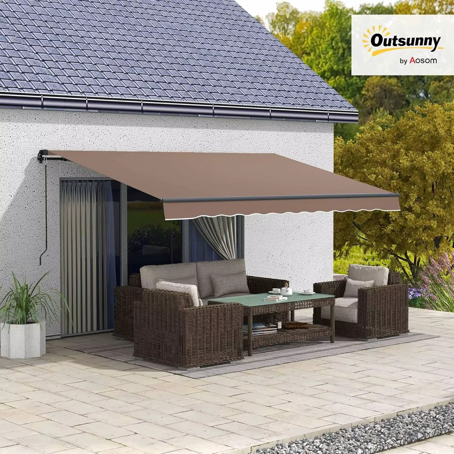 مظلة قابلة للسحب مقاس 13 × 10 أقدام، مظلة فناء مع مقبض يدوي، قماش مقاوم للأشعة فوق البنفسجية 280 جرامًا للمتر المربع والألومنيوم