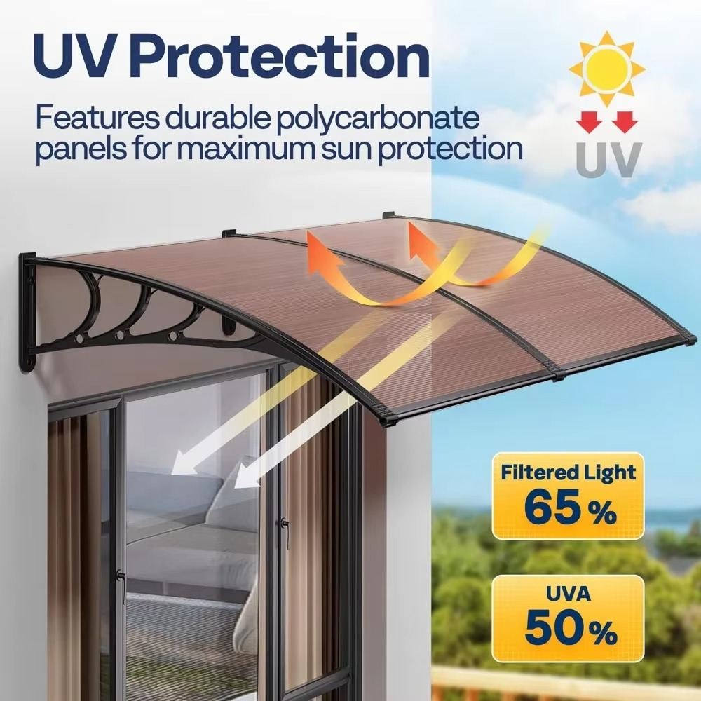 مظلة نافذة وباب من البولي كربونات باللون البني مع دعامة سوداء